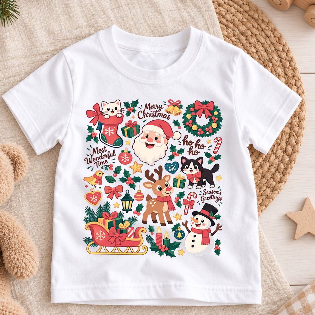 Cute Christmas Collage Kids Shirt, Santa Reindeer Snowman Cat Tee, Merry Christmas Holiday Shirt for Kids, Festive Xmas Gift for Boys and Girls — product view 3