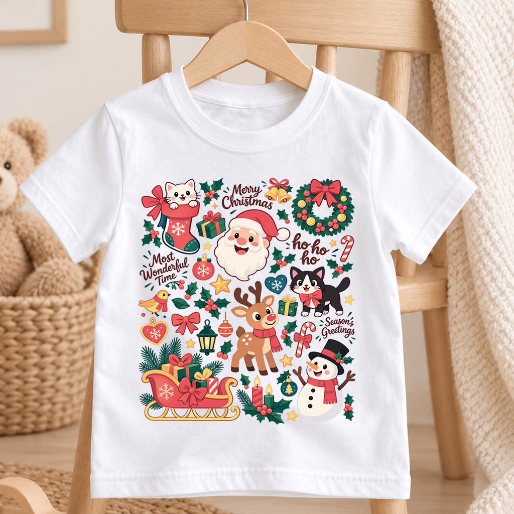 Cute Christmas Collage Kids Shirt, Santa Reindeer Snowman Cat Tee, Merry Christmas Holiday Shirt for Kids, Festive Xmas Gift for Boys and Girls — product view 4