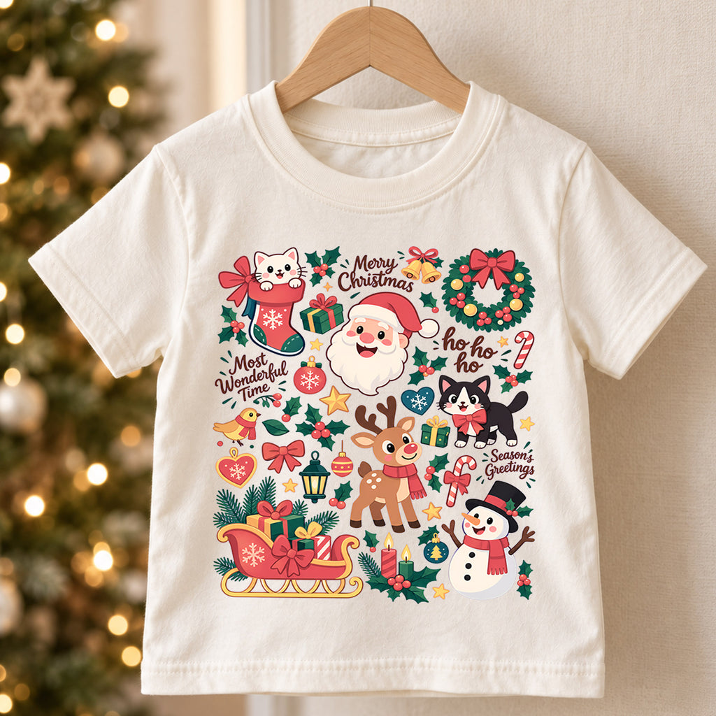 Cute Christmas Collage Kids Shirt, Santa Reindeer Snowman Cat Tee, Merry Christmas Holiday Shirt for Kids, Festive Xmas Gift for Boys and Girls — product view 5