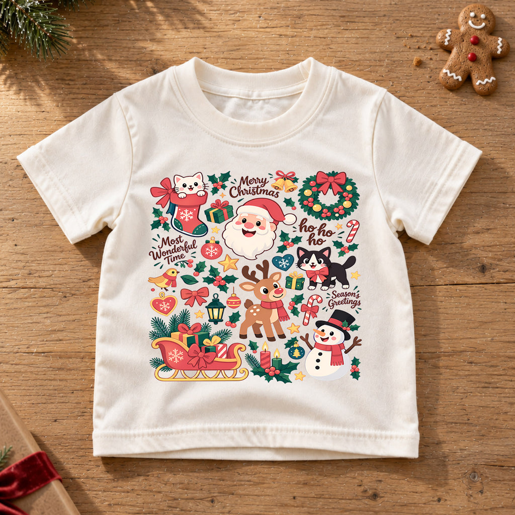 Cute Christmas Collage Kids Shirt, Santa Reindeer Snowman Cat Tee, Merry Christmas Holiday Shirt for Kids, Festive Xmas Gift for Boys and Girls — product view 6