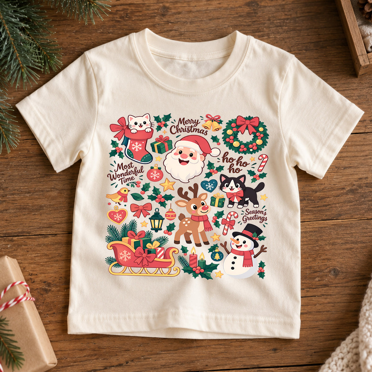 Cute Christmas Collage Kids Shirt, Santa Reindeer Snowman Cat Tee, Merry Christmas Holiday Shirt for Kids, Festive Xmas Gift for Boys and Girls — product view 7