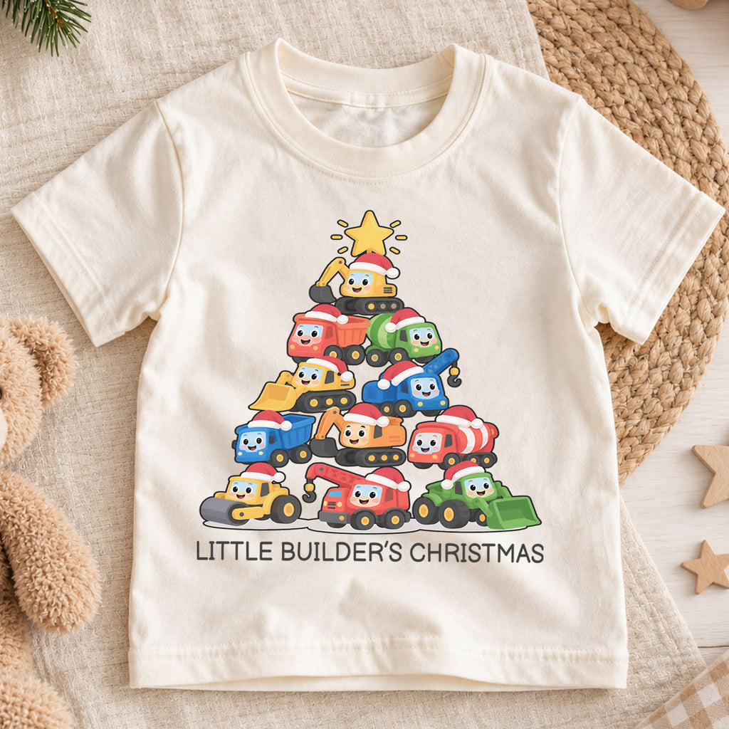 Little Builder Christmas Kids Shirt, Construction Vehicle Christmas Tee, Excavator Dump Truck Holiday Shirt for Boys, Cute Christmas Gift — product view 1