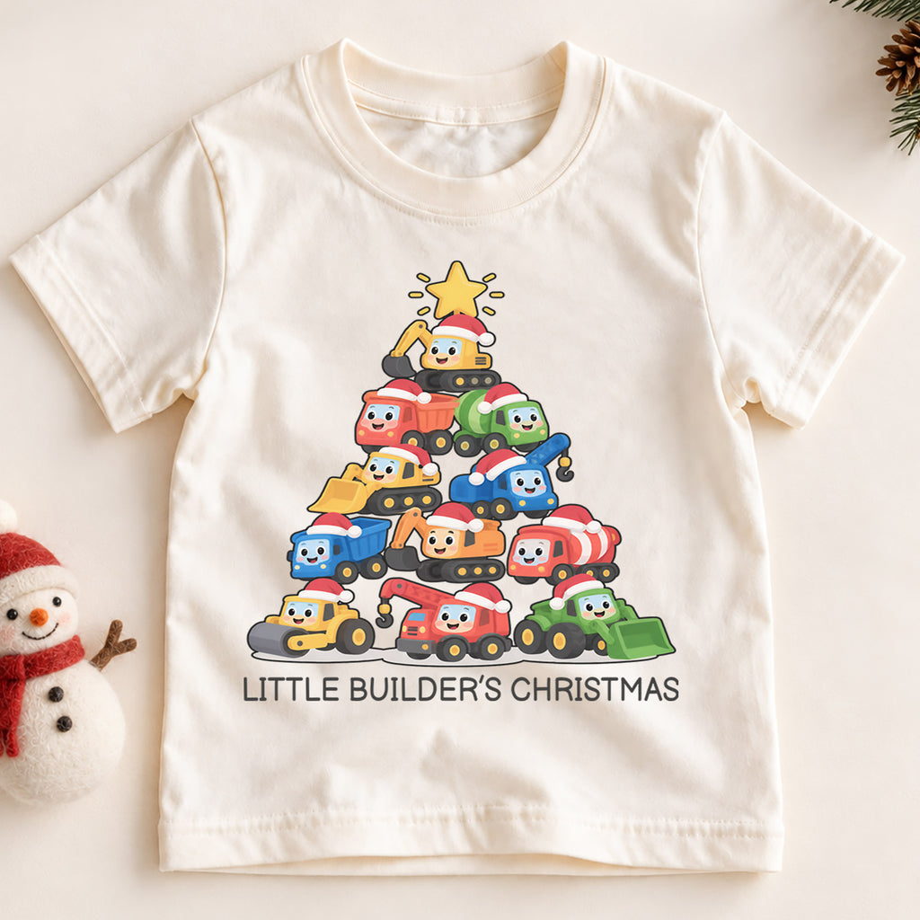 Little Builder Christmas Kids Shirt, Construction Vehicle Christmas Tee, Excavator Dump Truck Holiday Shirt for Boys, Cute Christmas Gift — product view 2