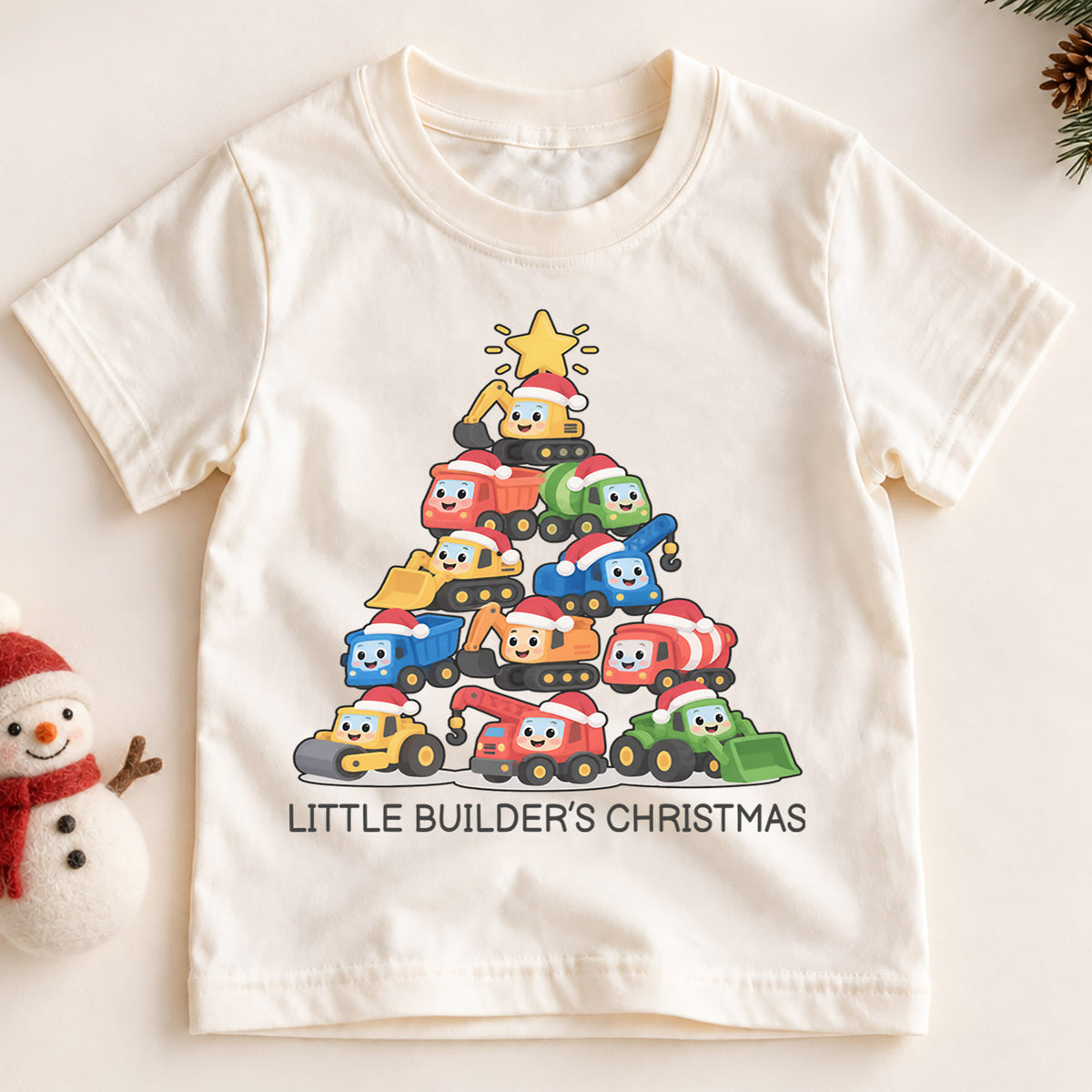 Little Builder Christmas Kids Shirt, Construction Vehicle Christmas Tee, Excavator Dump Truck Holiday Shirt for Boys, Cute Christmas Gift — product view 2
