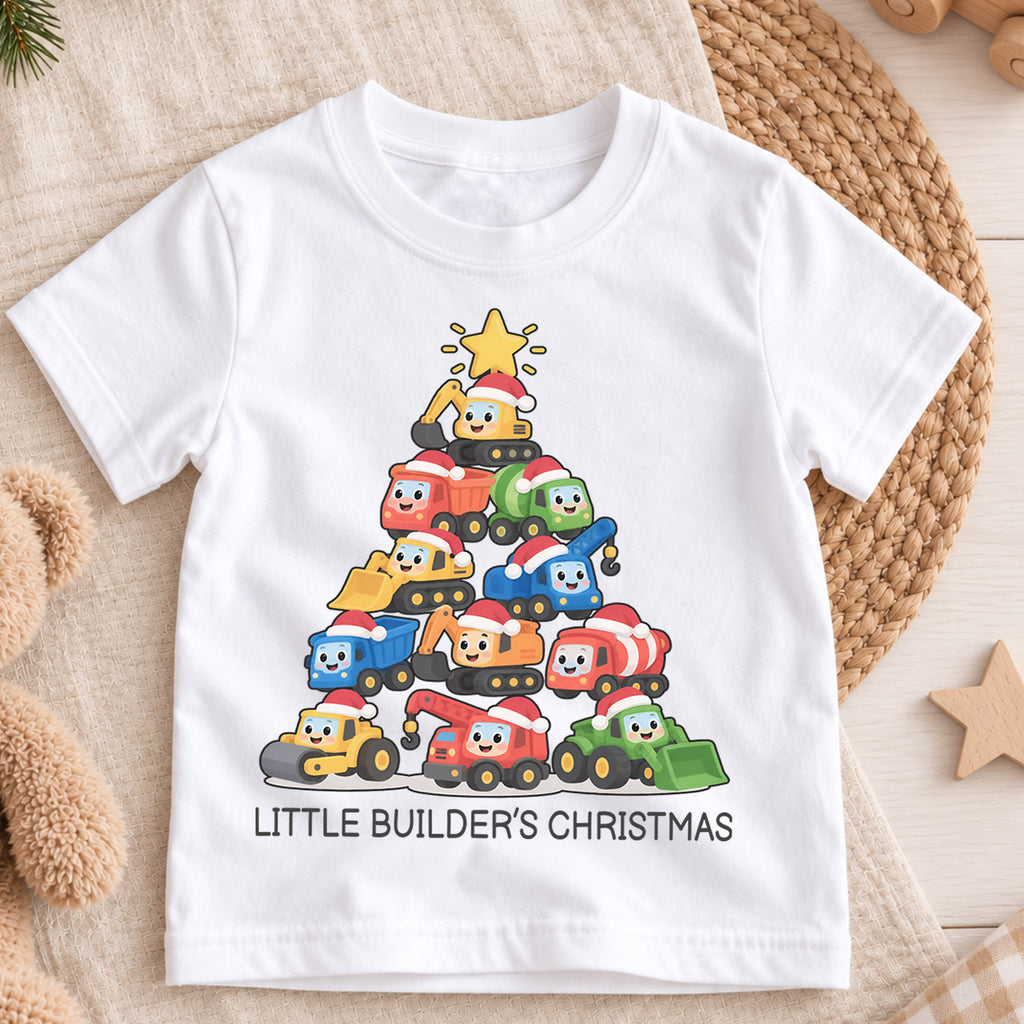 Little Builder Christmas Kids Shirt, Construction Vehicle Christmas Tee, Excavator Dump Truck Holiday Shirt for Boys, Cute Christmas Gift — product view 3