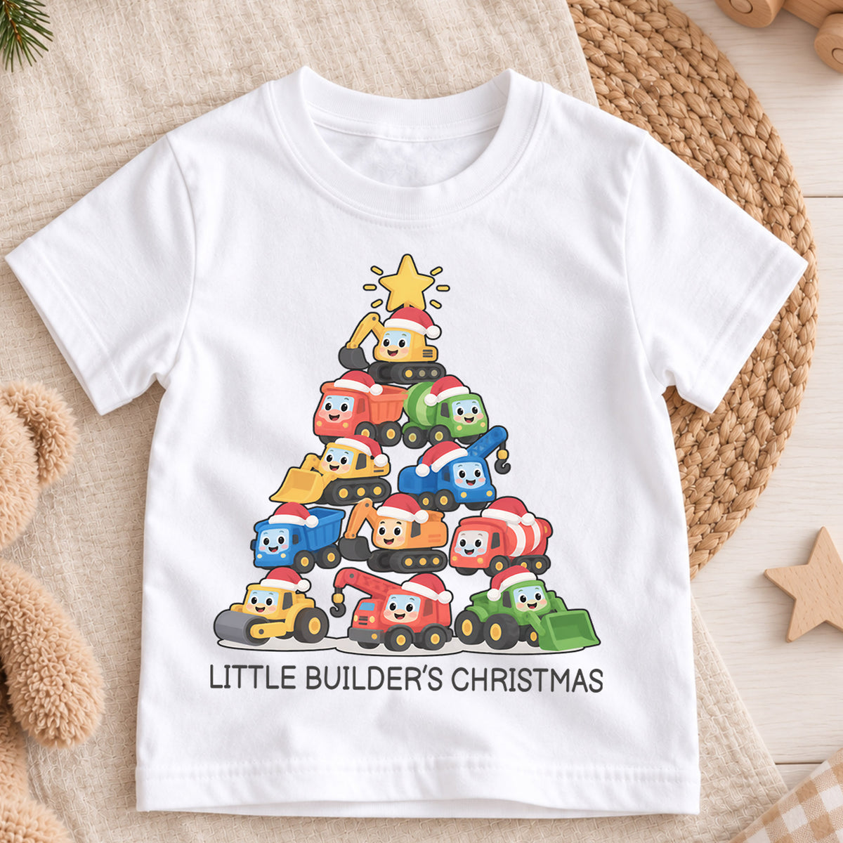 Little Builder Christmas Kids Shirt, Construction Vehicle Christmas Tee, Excavator Dump Truck Holiday Shirt for Boys, Cute Christmas Gift — product view 3