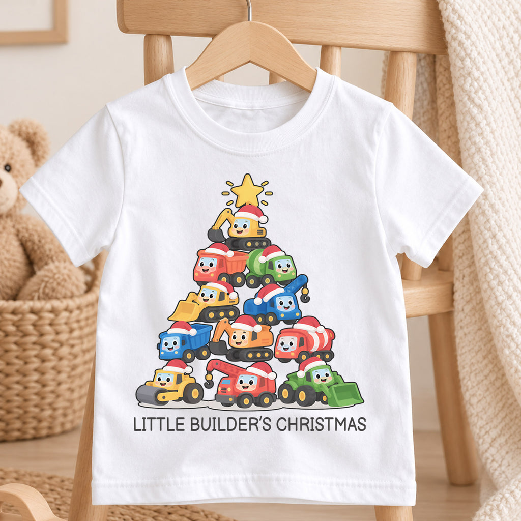 Little Builder Christmas Kids Shirt, Construction Vehicle Christmas Tee, Excavator Dump Truck Holiday Shirt for Boys, Cute Christmas Gift — product view 4