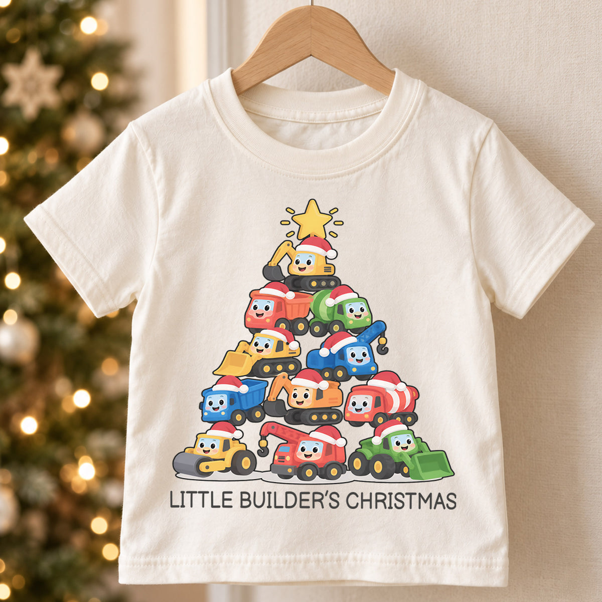 Little Builder Christmas Kids Shirt, Construction Vehicle Christmas Tee, Excavator Dump Truck Holiday Shirt for Boys, Cute Christmas Gift — product view 5