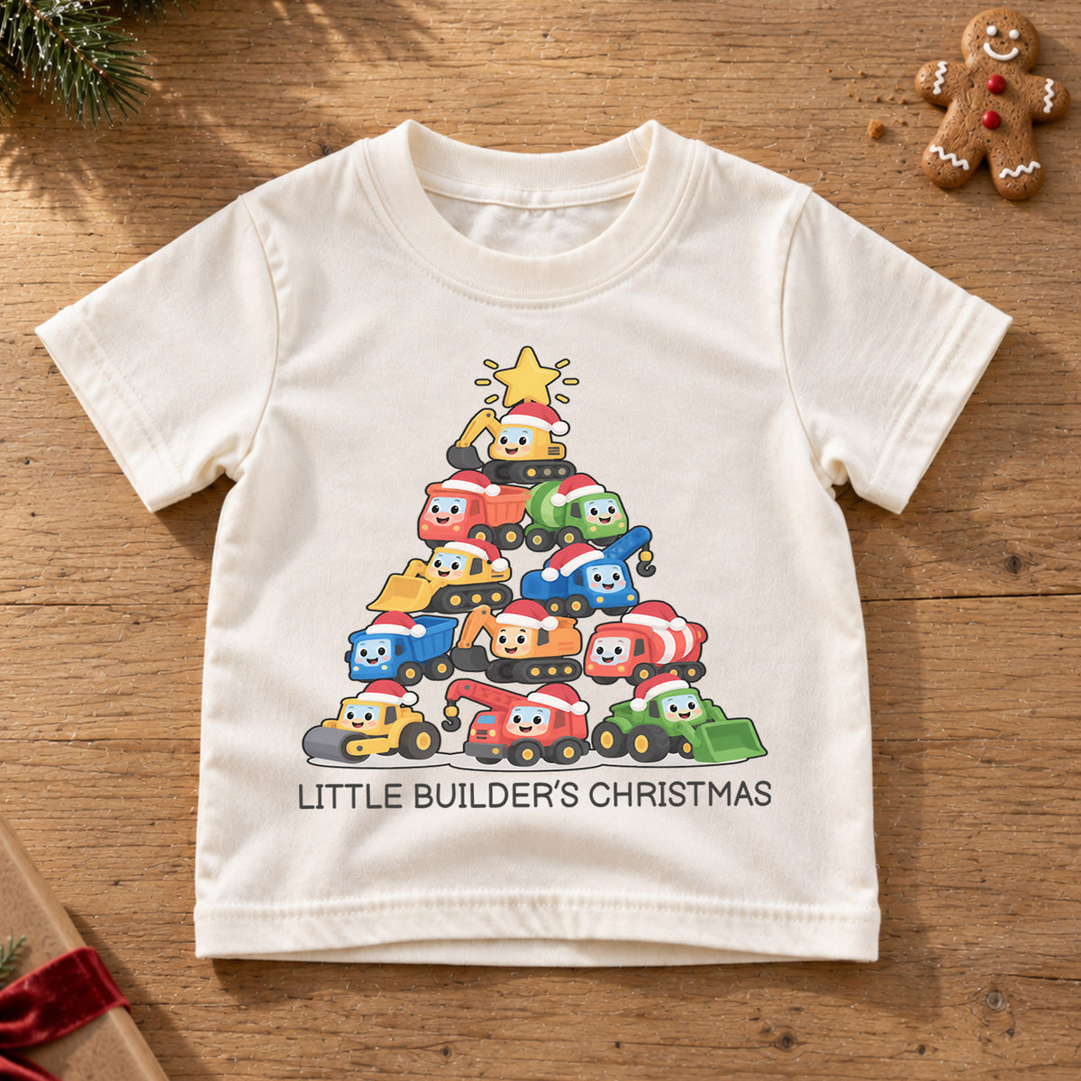 Little Builder Christmas Kids Shirt, Construction Vehicle Christmas Tee, Excavator Dump Truck Holiday Shirt for Boys, Cute Christmas Gift — product view 6