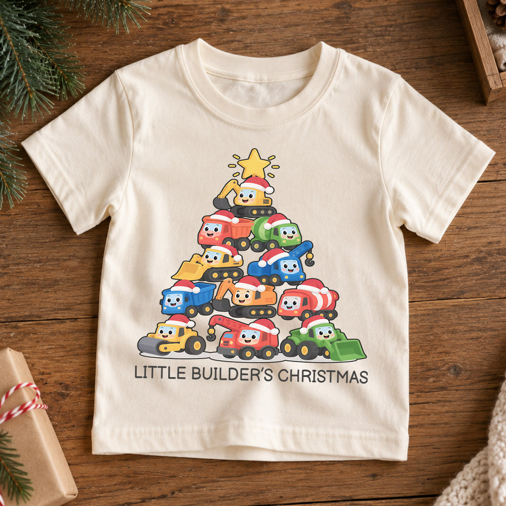 Little Builder Christmas Kids Shirt, Construction Vehicle Christmas Tee, Excavator Dump Truck Holiday Shirt for Boys, Cute Christmas Gift — product view 7