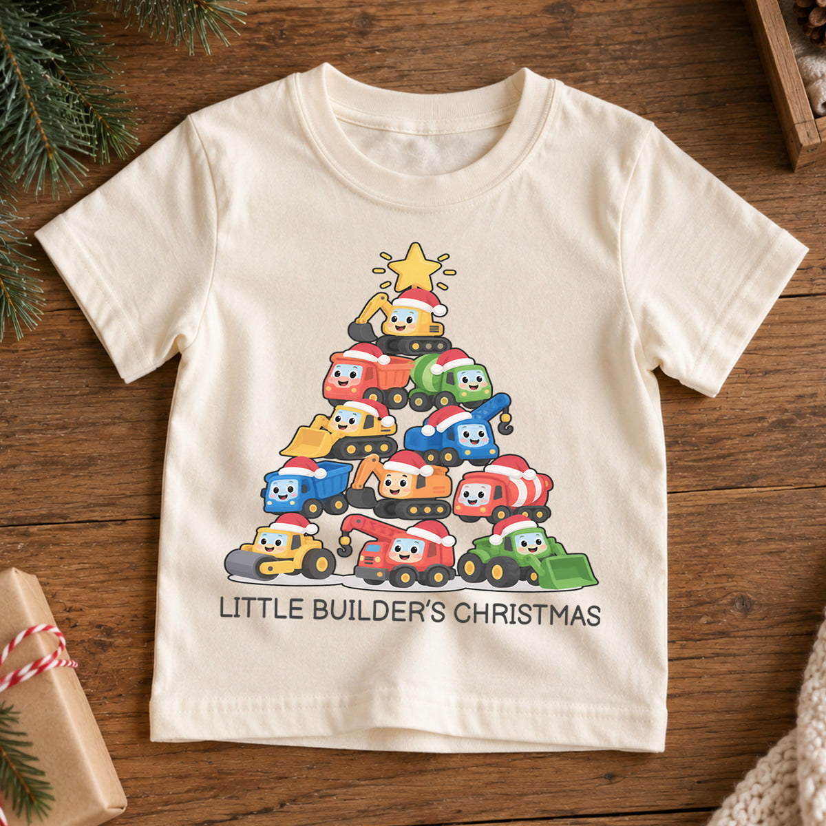 Little Builder Christmas Kids Shirt, Construction Vehicle Christmas Tee, Excavator Dump Truck Holiday Shirt for Boys, Cute Christmas Gift — product view 7