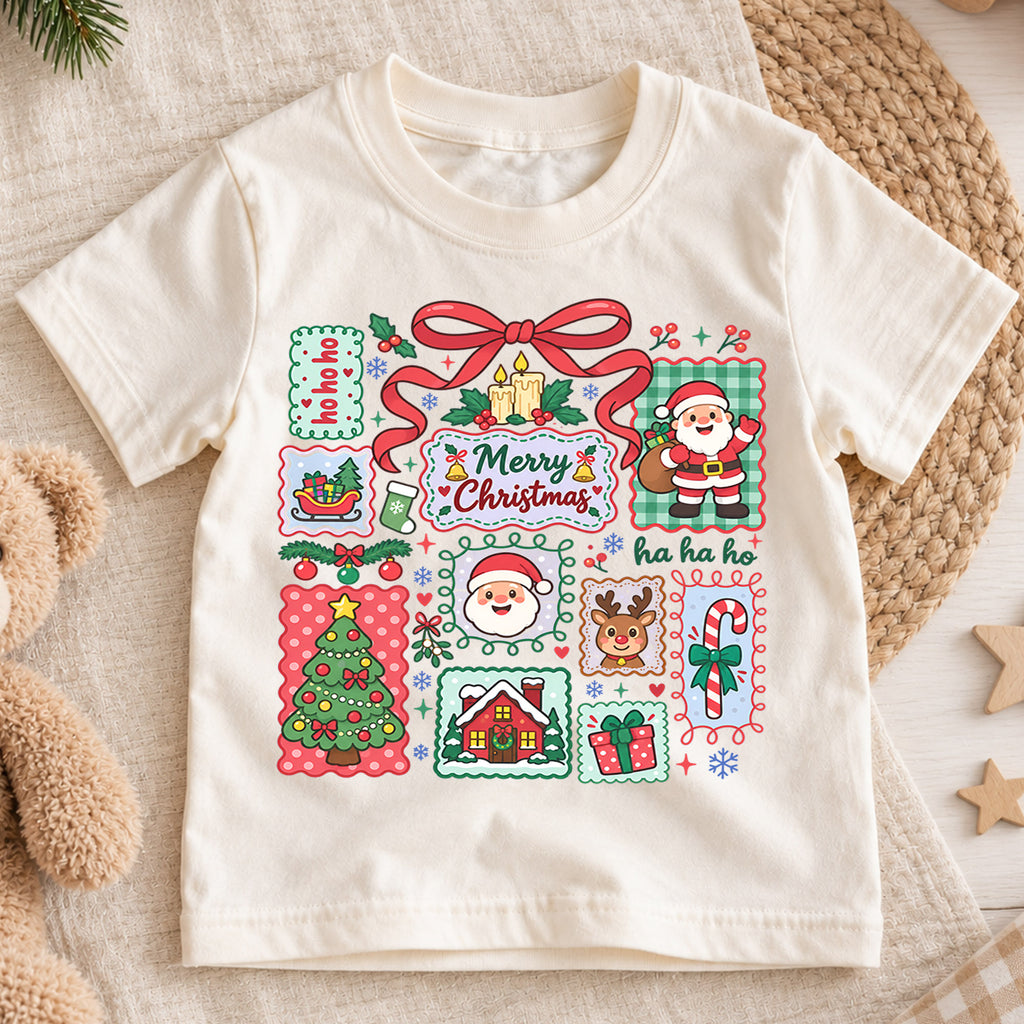 Merry Christmas Kids Shirt, Cute Santa Christmas Collage Tee, Red Bow Holiday Shirt for Boys and Girls, Festive Christmas Outfit and Gift — product view 1