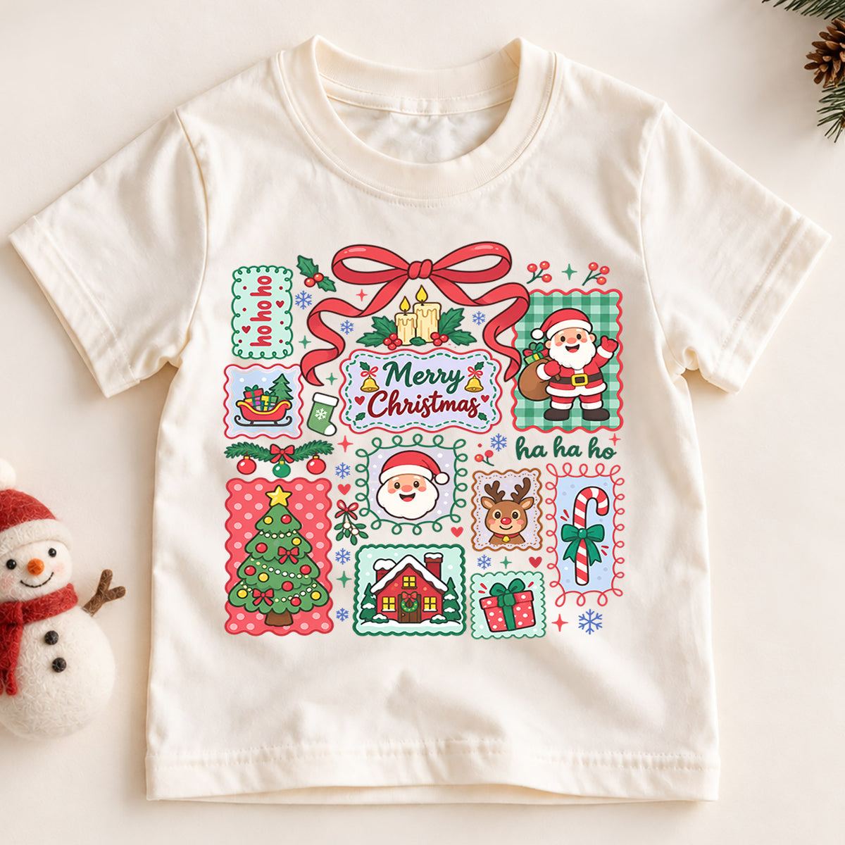 Merry Christmas Kids Shirt, Cute Santa Christmas Collage Tee, Red Bow Holiday Shirt for Boys and Girls, Festive Christmas Outfit and Gift — product view 2