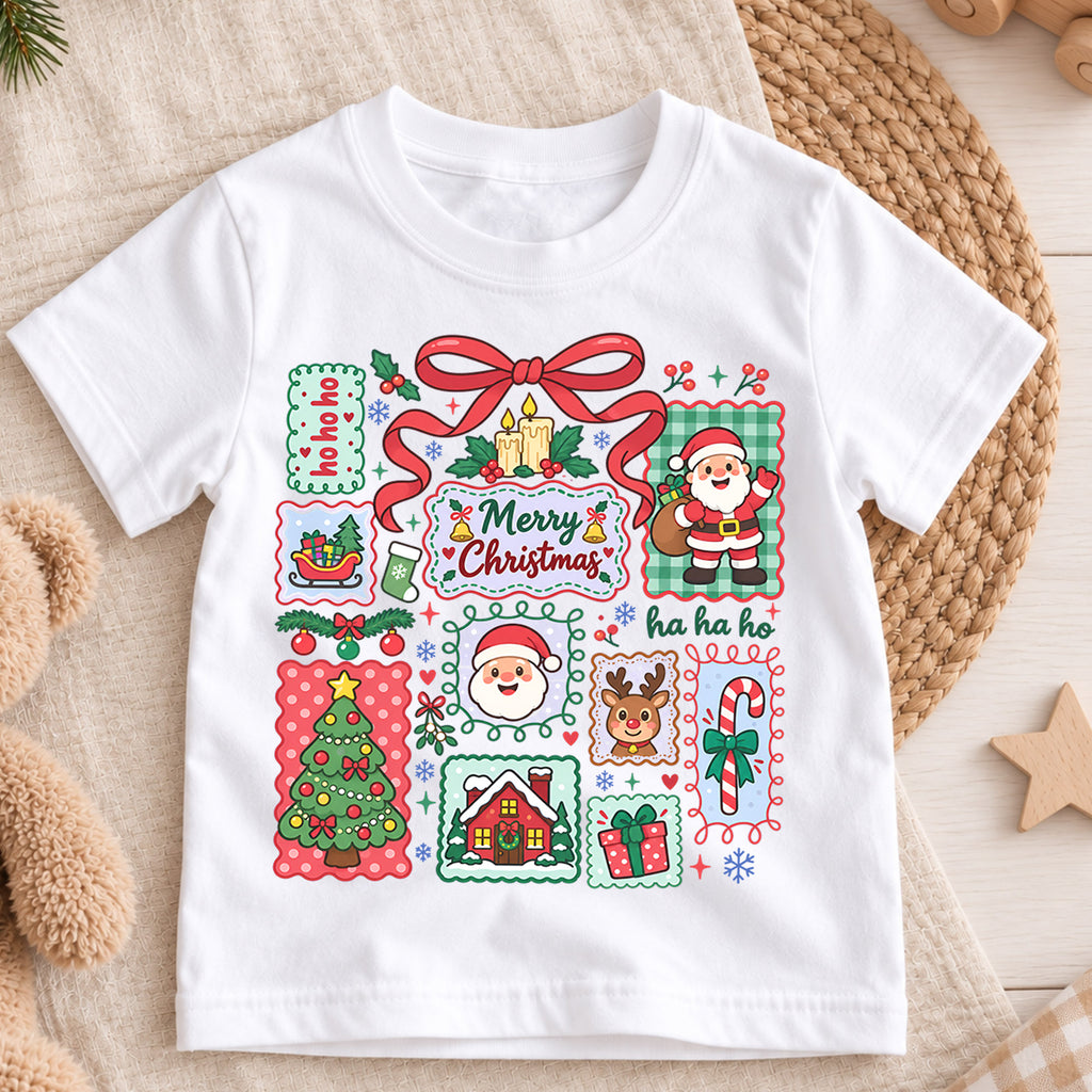 Merry Christmas Kids Shirt, Cute Santa Christmas Collage Tee, Red Bow Holiday Shirt for Boys and Girls, Festive Christmas Outfit and Gift — product view 3