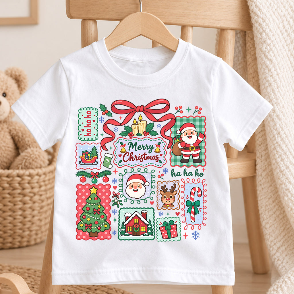 Merry Christmas Kids Shirt, Cute Santa Christmas Collage Tee, Red Bow Holiday Shirt for Boys and Girls, Festive Christmas Outfit and Gift — product view 4