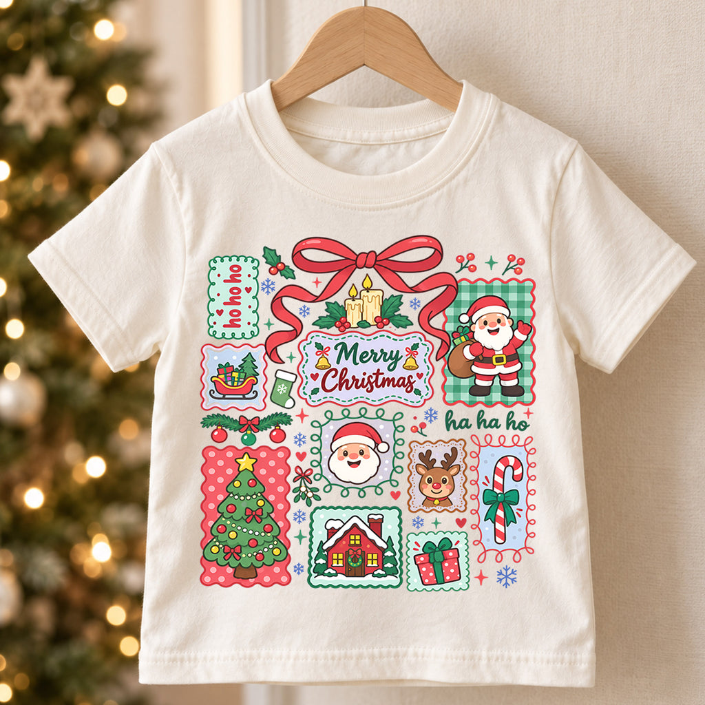 Merry Christmas Kids Shirt, Cute Santa Christmas Collage Tee, Red Bow Holiday Shirt for Boys and Girls, Festive Christmas Outfit and Gift — product view 5