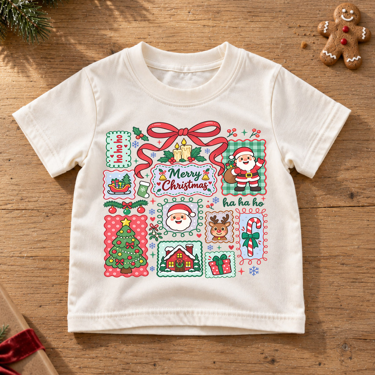 Merry Christmas Kids Shirt, Cute Santa Christmas Collage Tee, Red Bow Holiday Shirt for Boys and Girls, Festive Christmas Outfit and Gift — product view 6