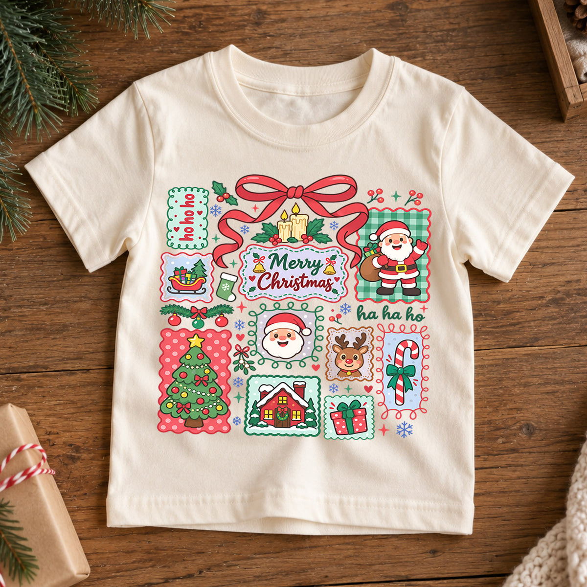 Merry Christmas Kids Shirt, Cute Santa Christmas Collage Tee, Red Bow Holiday Shirt for Boys and Girls, Festive Christmas Outfit and Gift — product view 7