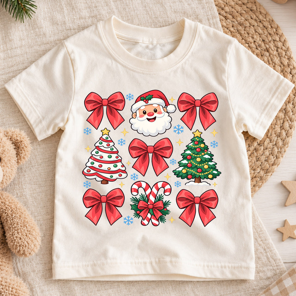Merry Christmas Kids Shirt, Cute Santa Christmas Collage Tee, Red Bow Holiday Shirt for Boys and Girls, Festive Christmas Outfit and Gift — product view 1