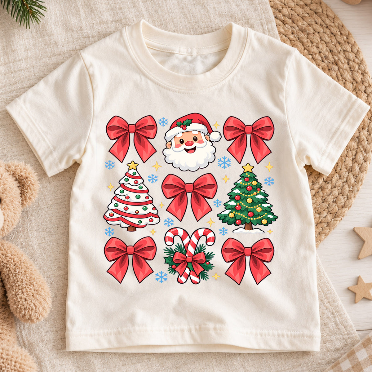 Merry Christmas Kids Shirt, Cute Santa Christmas Collage Tee, Red Bow Holiday Shirt for Boys and Girls, Festive Christmas Outfit and Gift — product view 1