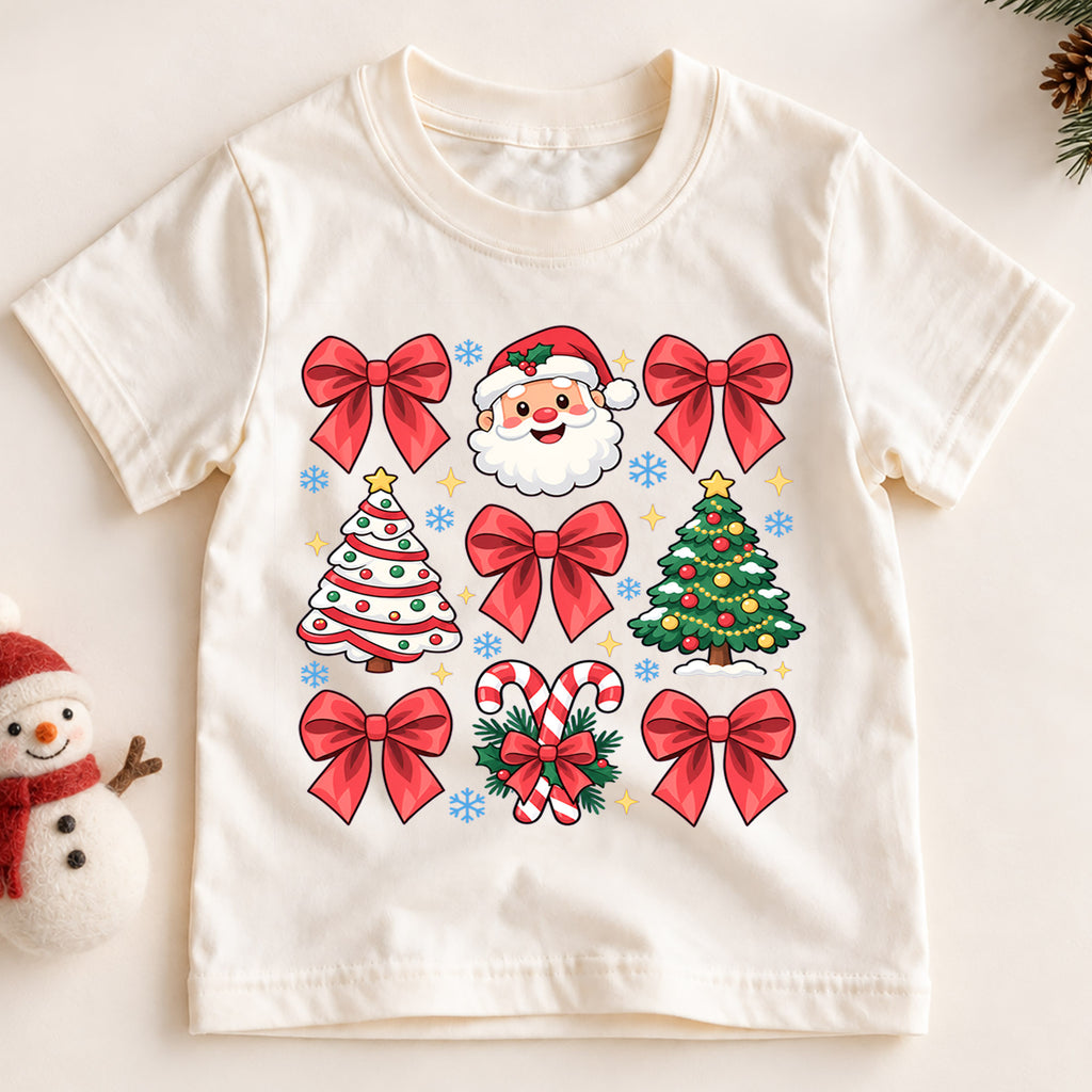Merry Christmas Kids Shirt, Cute Santa Christmas Collage Tee, Red Bow Holiday Shirt for Boys and Girls, Festive Christmas Outfit and Gift — product view 2