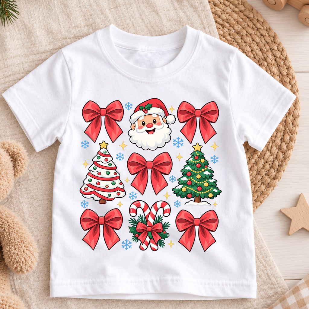 Merry Christmas Kids Shirt, Cute Santa Christmas Collage Tee, Red Bow Holiday Shirt for Boys and Girls, Festive Christmas Outfit and Gift — product view 3