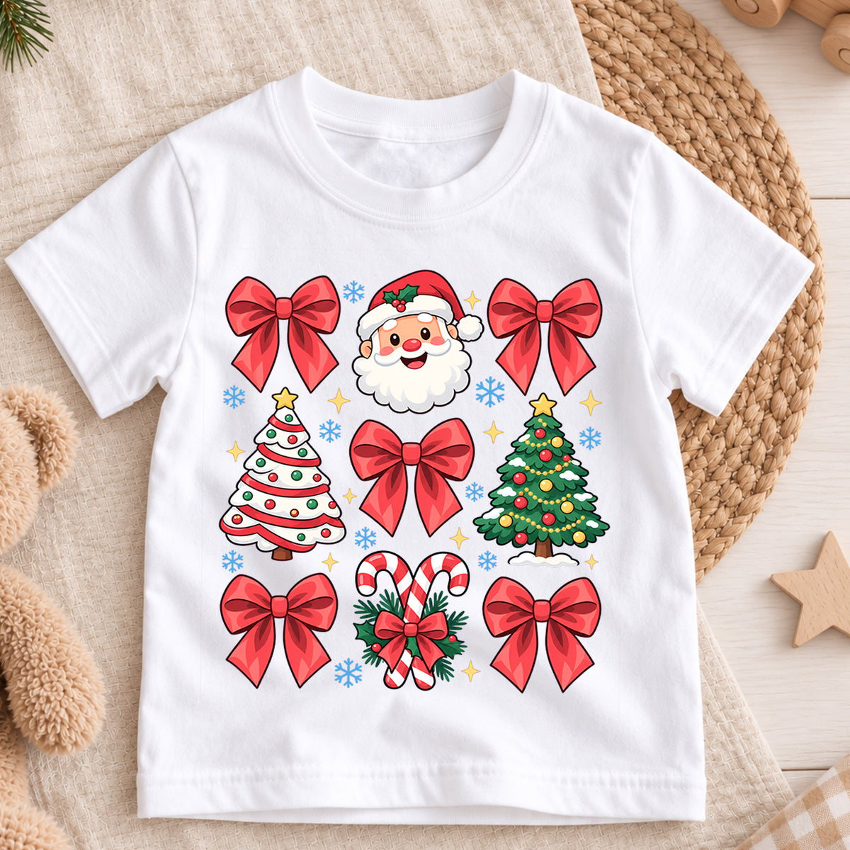 Merry Christmas Kids Shirt, Cute Santa Christmas Collage Tee, Red Bow Holiday Shirt for Boys and Girls, Festive Christmas Outfit and Gift — product view 3