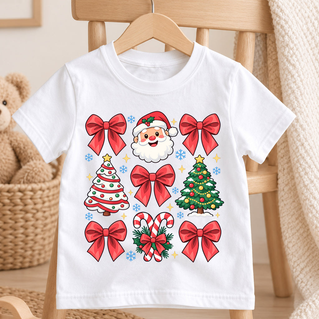 Merry Christmas Kids Shirt, Cute Santa Christmas Collage Tee, Red Bow Holiday Shirt for Boys and Girls, Festive Christmas Outfit and Gift — product view 4
