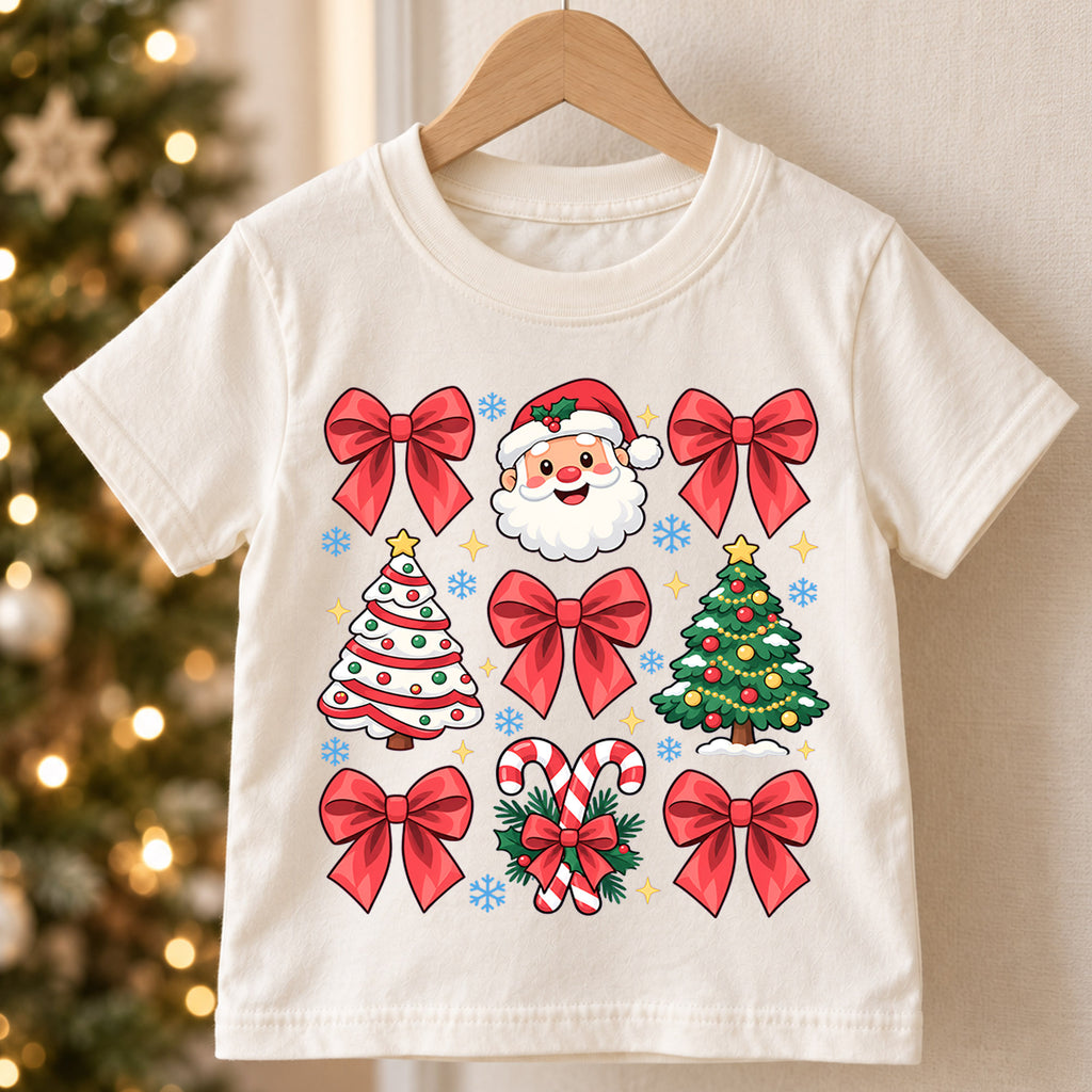 Merry Christmas Kids Shirt, Cute Santa Christmas Collage Tee, Red Bow Holiday Shirt for Boys and Girls, Festive Christmas Outfit and Gift — product view 5