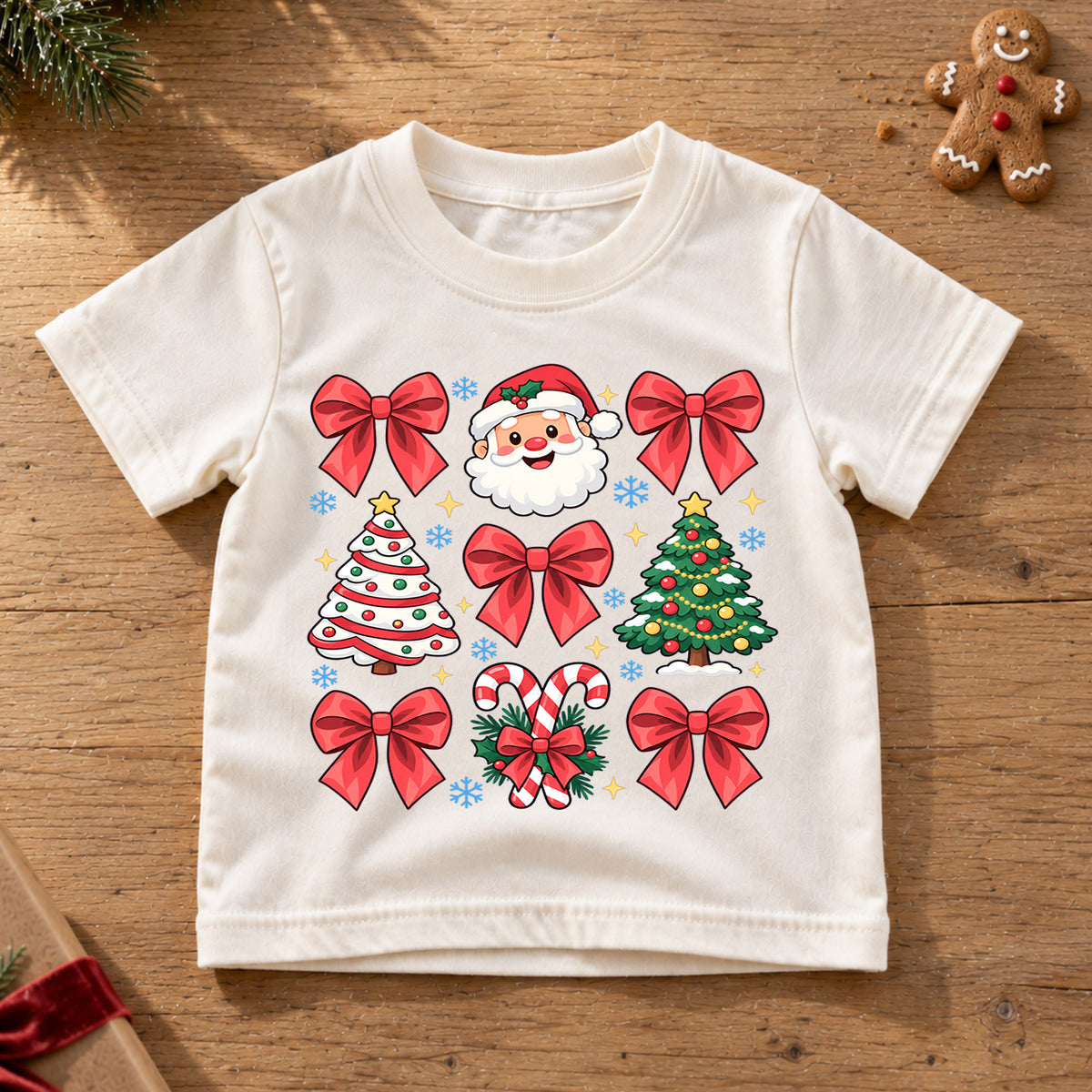 Merry Christmas Kids Shirt, Cute Santa Christmas Collage Tee, Red Bow Holiday Shirt for Boys and Girls, Festive Christmas Outfit and Gift — product view 6