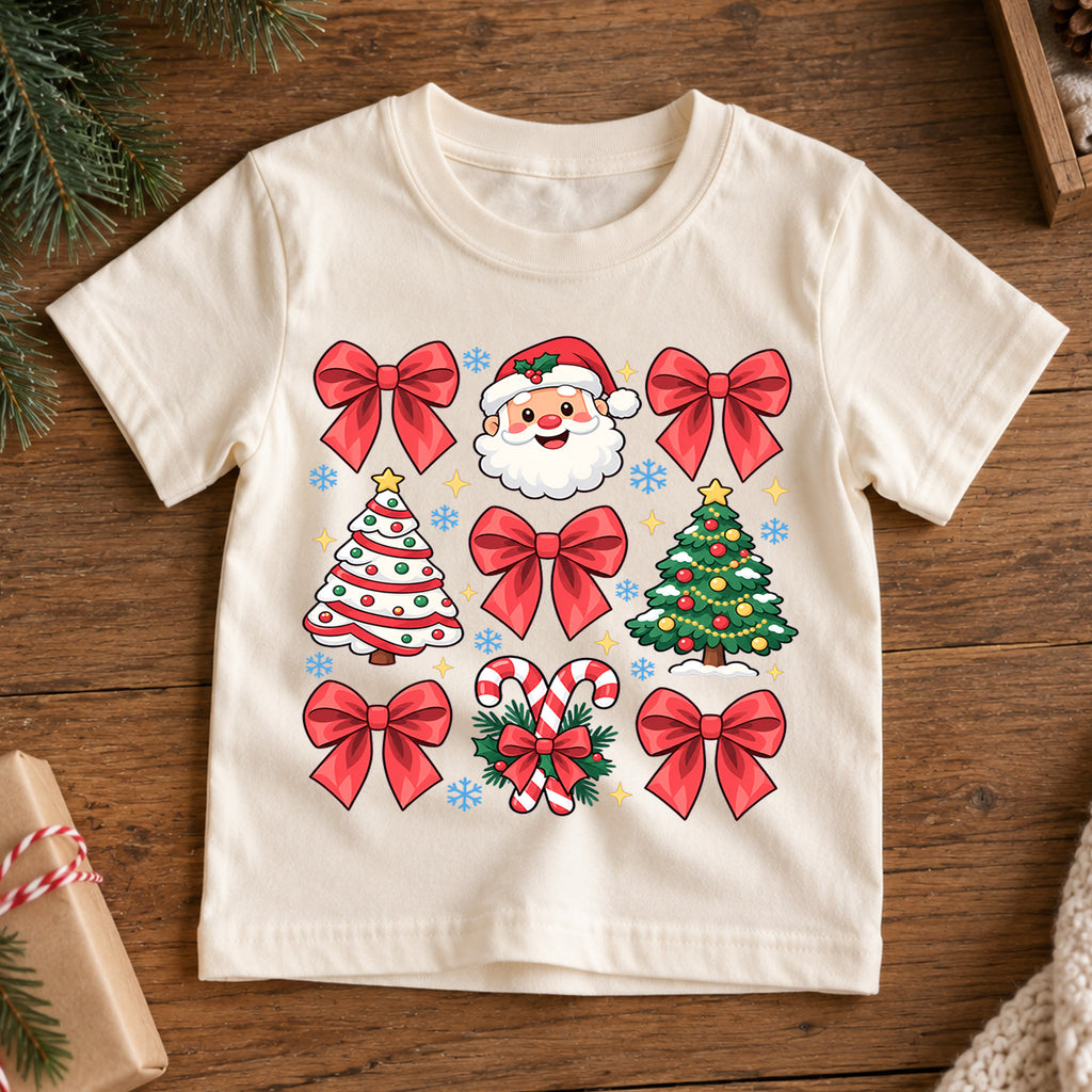 Merry Christmas Kids Shirt, Cute Santa Christmas Collage Tee, Red Bow Holiday Shirt for Boys and Girls, Festive Christmas Outfit and Gift — product view 7