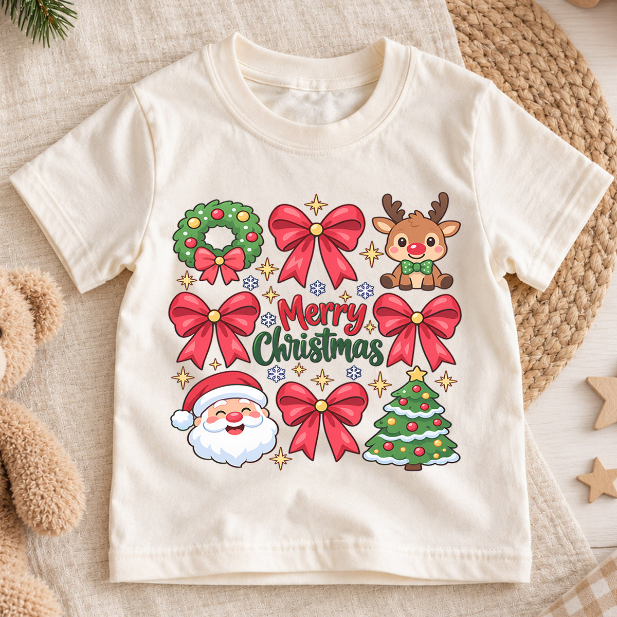 Merry Christmas Bow Kids Shirt, Pink Bow Christmas Tee, Santa Reindeer Holiday Shirt for Girls, Cute Girly Christmas Outfit, Festive Holiday Gift — product view 1