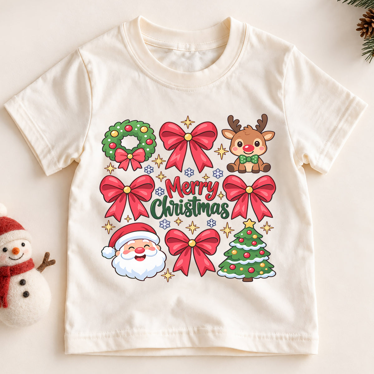 Merry Christmas Bow Kids Shirt, Pink Bow Christmas Tee, Santa Reindeer Holiday Shirt for Girls, Cute Girly Christmas Outfit, Festive Holiday Gift — product view 2