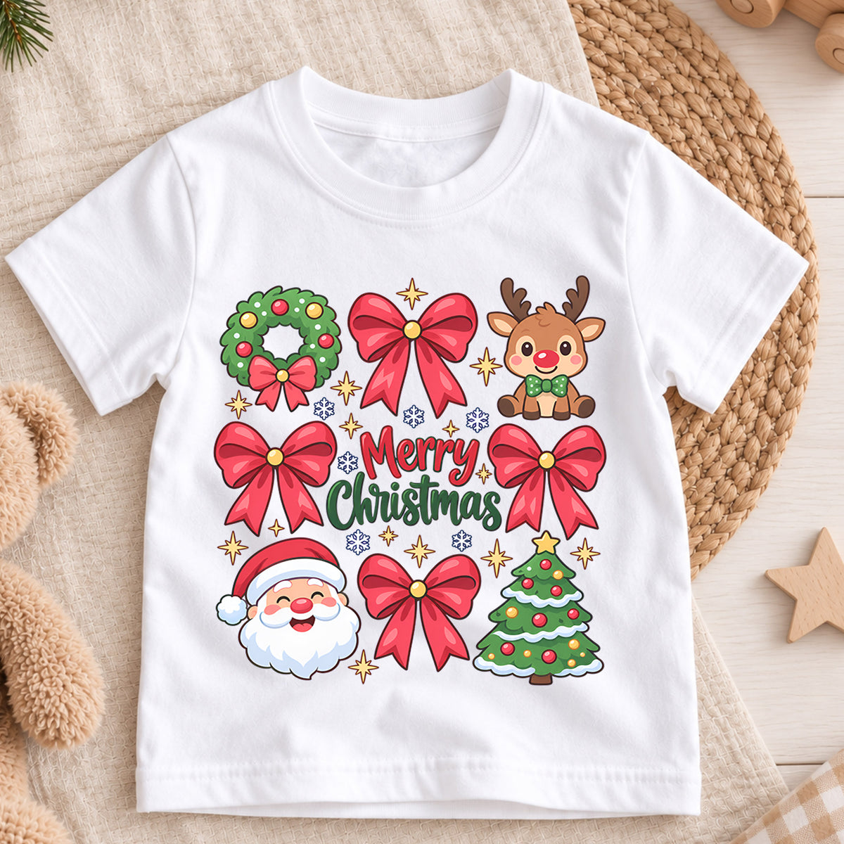 Merry Christmas Bow Kids Shirt, Pink Bow Christmas Tee, Santa Reindeer Holiday Shirt for Girls, Cute Girly Christmas Outfit, Festive Holiday Gift — product view 3