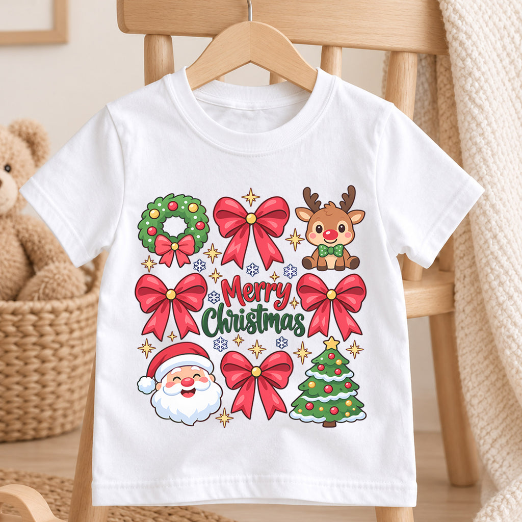 Merry Christmas Bow Kids Shirt, Pink Bow Christmas Tee, Santa Reindeer Holiday Shirt for Girls, Cute Girly Christmas Outfit, Festive Holiday Gift — product view 4