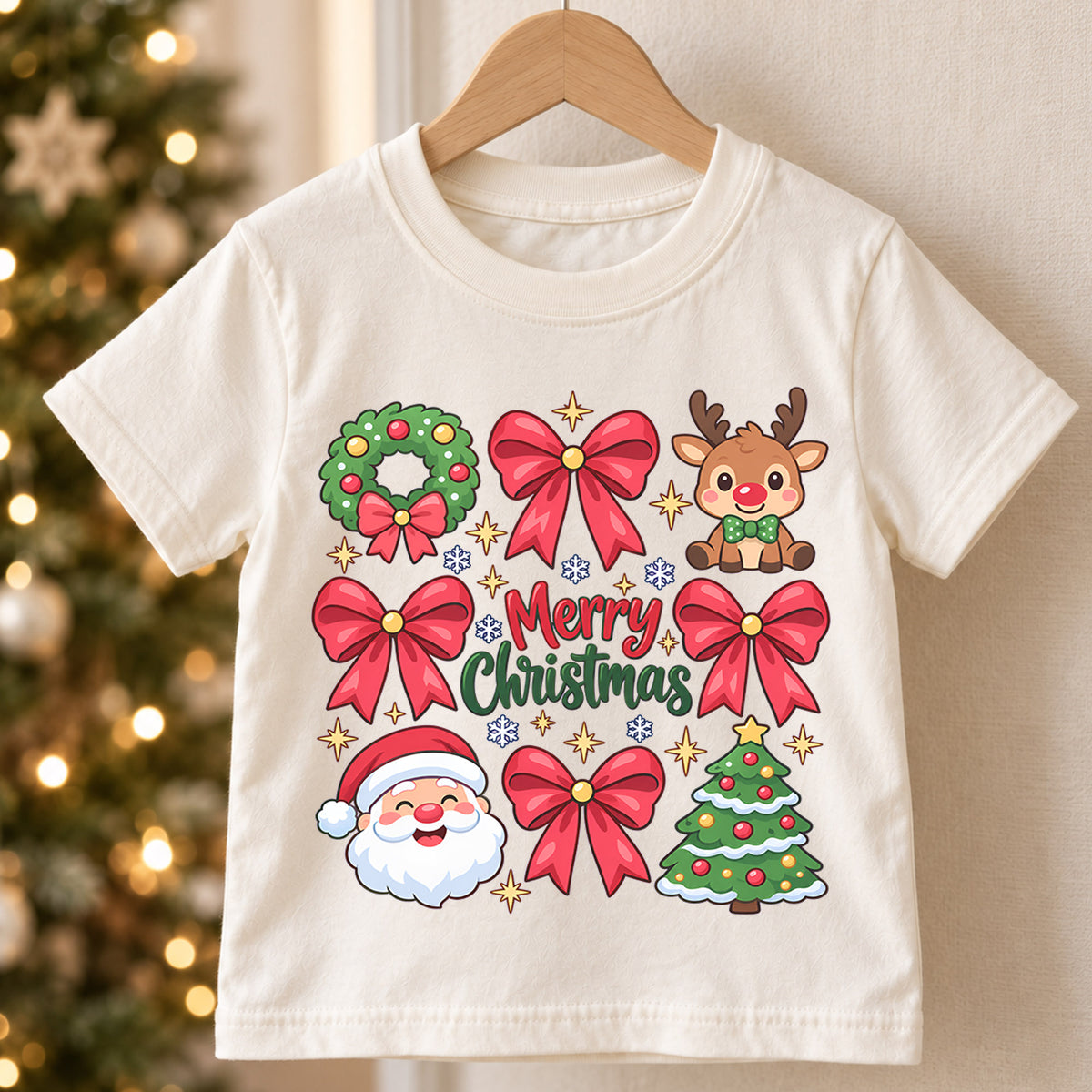 Merry Christmas Bow Kids Shirt, Pink Bow Christmas Tee, Santa Reindeer Holiday Shirt for Girls, Cute Girly Christmas Outfit, Festive Holiday Gift — product view 5