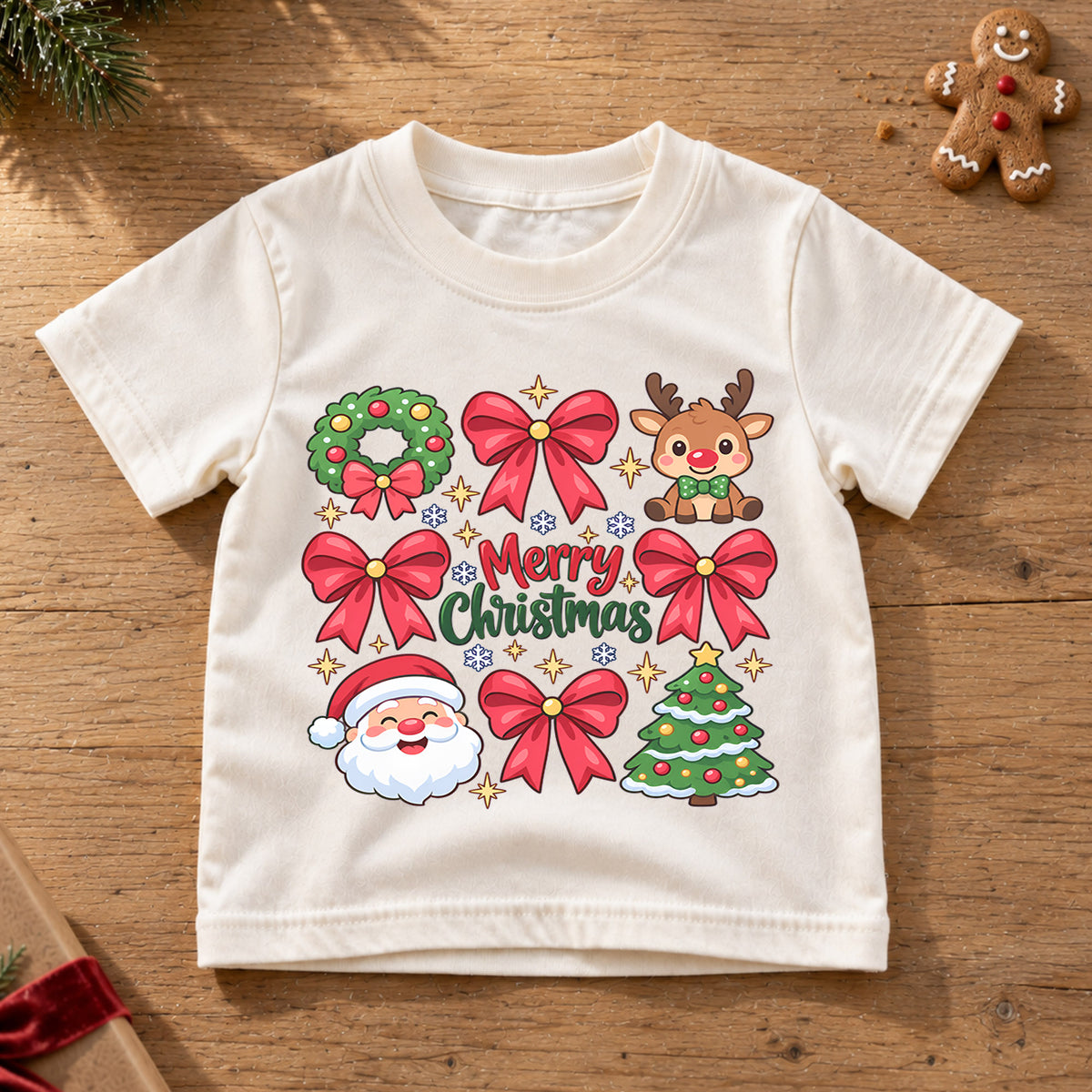 Merry Christmas Bow Kids Shirt, Pink Bow Christmas Tee, Santa Reindeer Holiday Shirt for Girls, Cute Girly Christmas Outfit, Festive Holiday Gift — product view 6