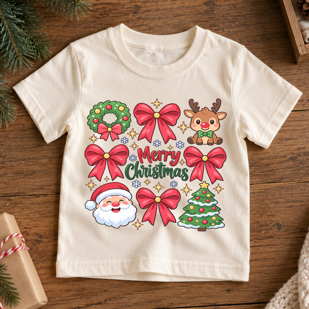 Merry Christmas Bow Kids Shirt, Pink Bow Christmas Tee, Santa Reindeer Holiday Shirt for Girls, Cute Girly Christmas Outfit, Festive Holiday Gift — product view 7