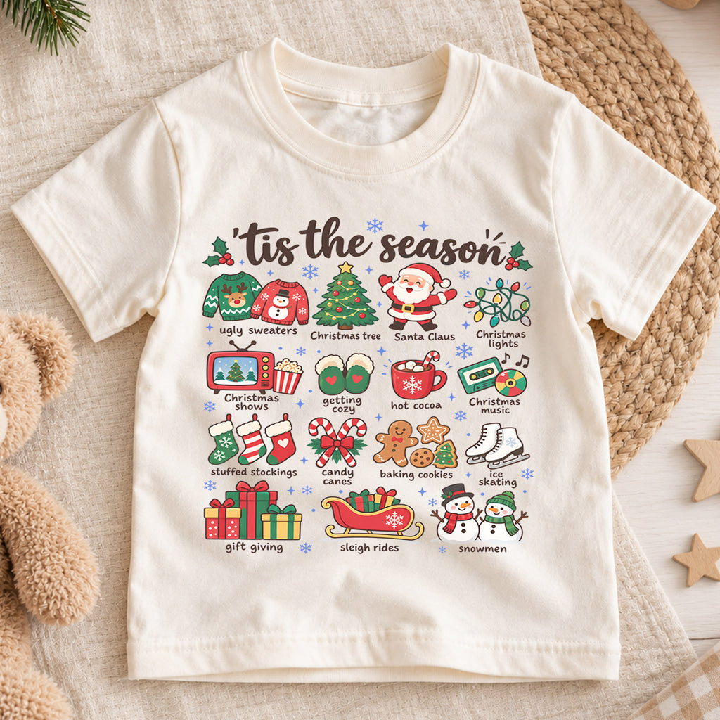 Tis the Season Kids Christmas Shirt, Holiday Favorites Christmas Tee, Santa Snowman Hot Cocoa Shirt for Kids, Cozy Festive Christmas Outfit — product view 1