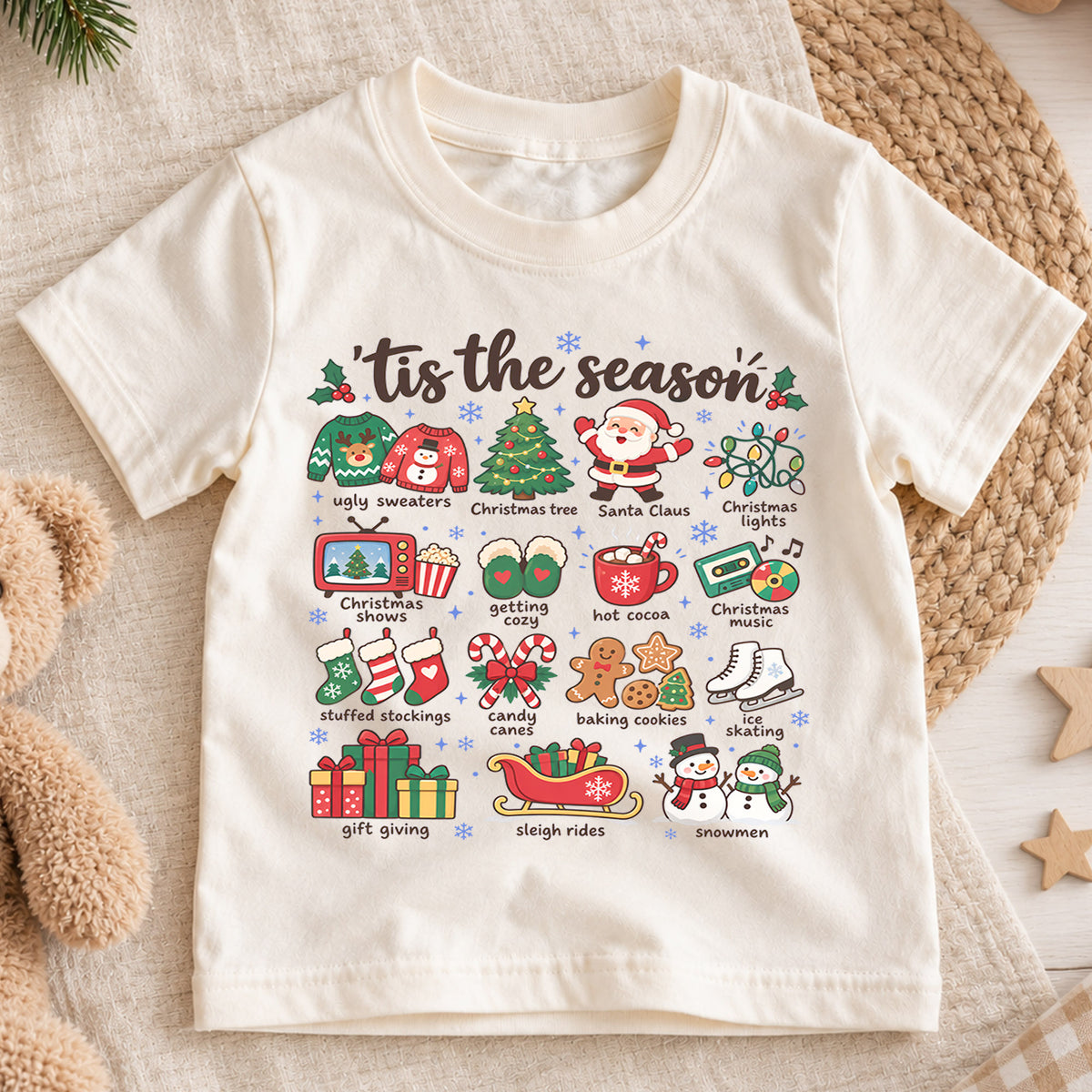 Tis the Season Kids Christmas Shirt, Holiday Favorites Christmas Tee, Santa Snowman Hot Cocoa Shirt for Kids, Cozy Festive Christmas Outfit — product view 1