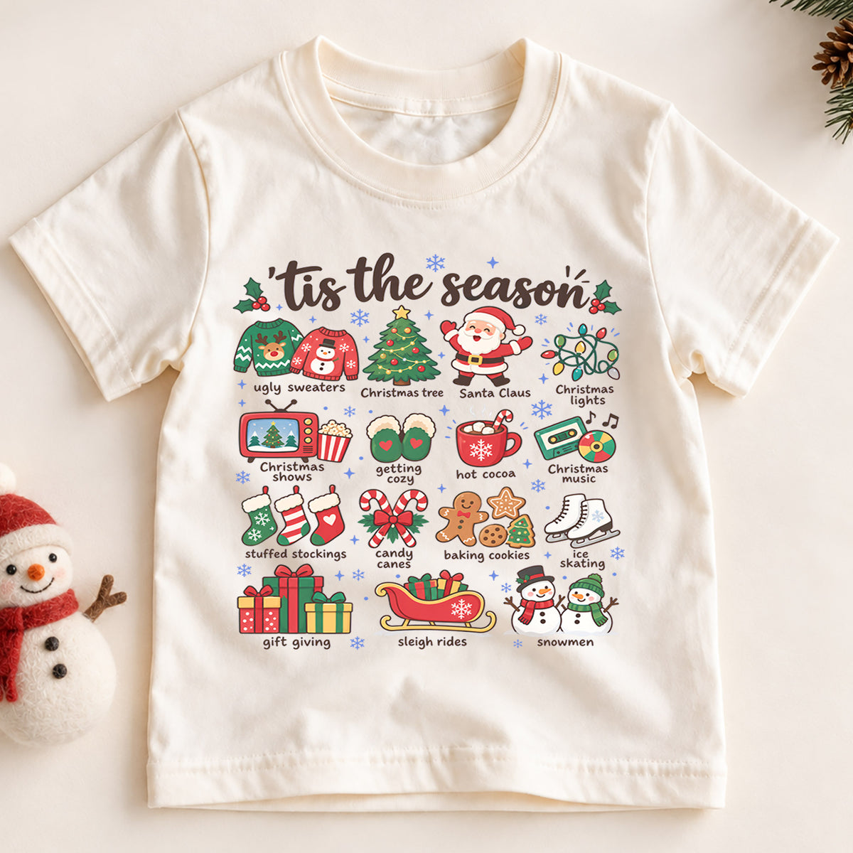 Tis the Season Kids Christmas Shirt, Holiday Favorites Christmas Tee, Santa Snowman Hot Cocoa Shirt for Kids, Cozy Festive Christmas Outfit — product view 2