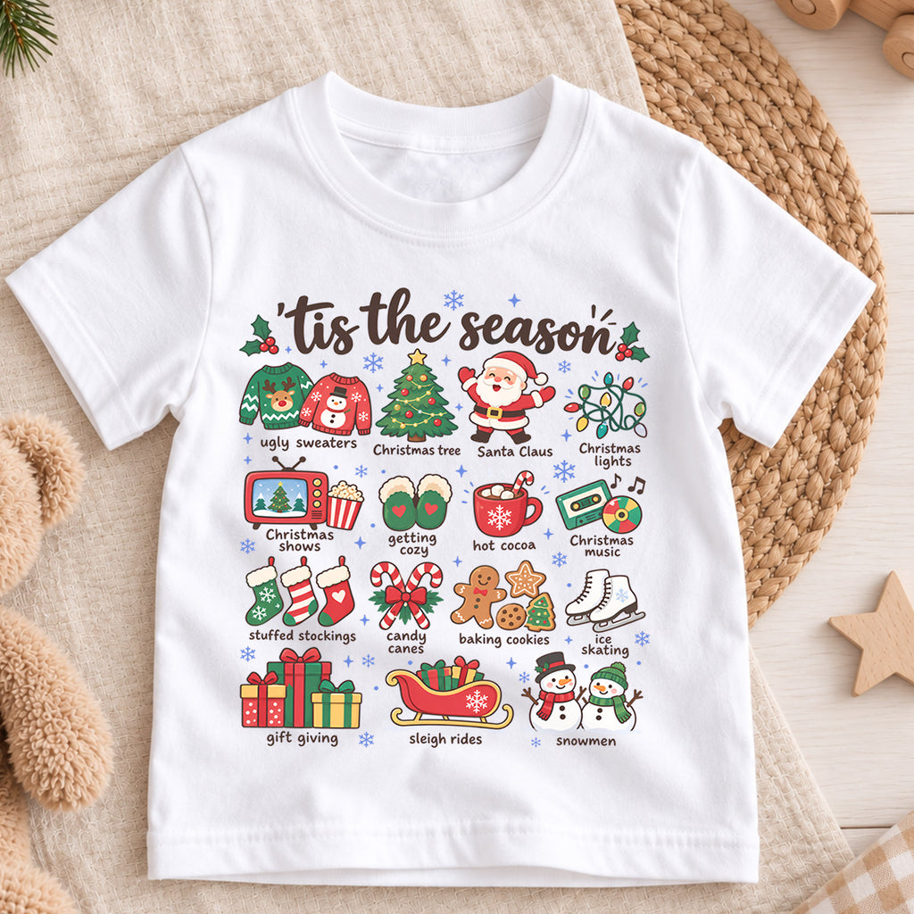 Tis the Season Kids Christmas Shirt, Holiday Favorites Christmas Tee, Santa Snowman Hot Cocoa Shirt for Kids, Cozy Festive Christmas Outfit — product view 3