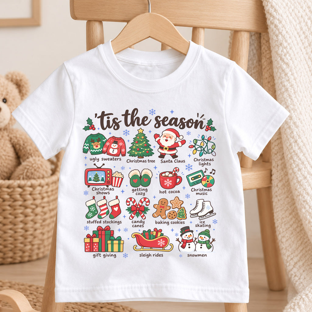 Tis the Season Kids Christmas Shirt, Holiday Favorites Christmas Tee, Santa Snowman Hot Cocoa Shirt for Kids, Cozy Festive Christmas Outfit — product view 4