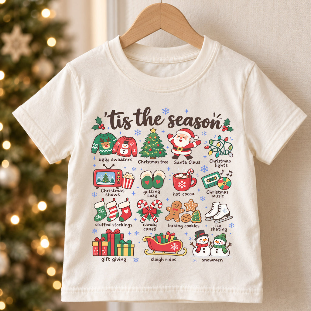 Tis the Season Kids Christmas Shirt, Holiday Favorites Christmas Tee, Santa Snowman Hot Cocoa Shirt for Kids, Cozy Festive Christmas Outfit — product view 5