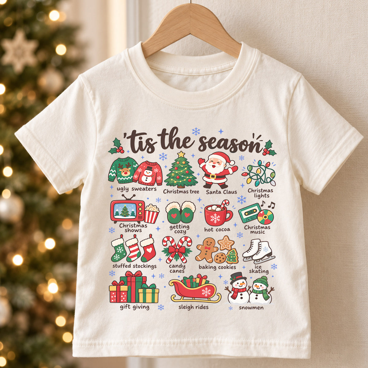 Tis the Season Kids Christmas Shirt, Holiday Favorites Christmas Tee, Santa Snowman Hot Cocoa Shirt for Kids, Cozy Festive Christmas Outfit — product view 5