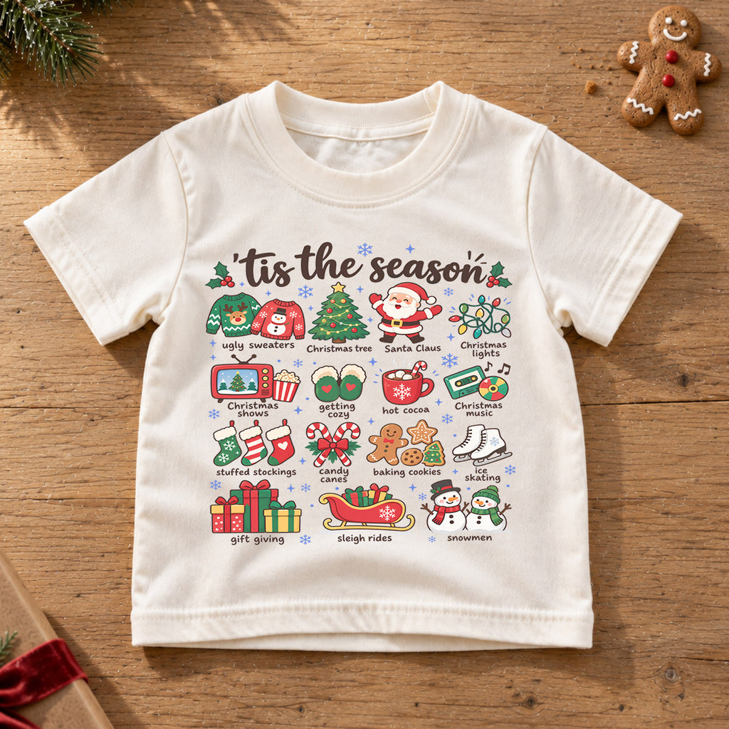 Tis the Season Kids Christmas Shirt, Holiday Favorites Christmas Tee, Santa Snowman Hot Cocoa Shirt for Kids, Cozy Festive Christmas Outfit — product view 6