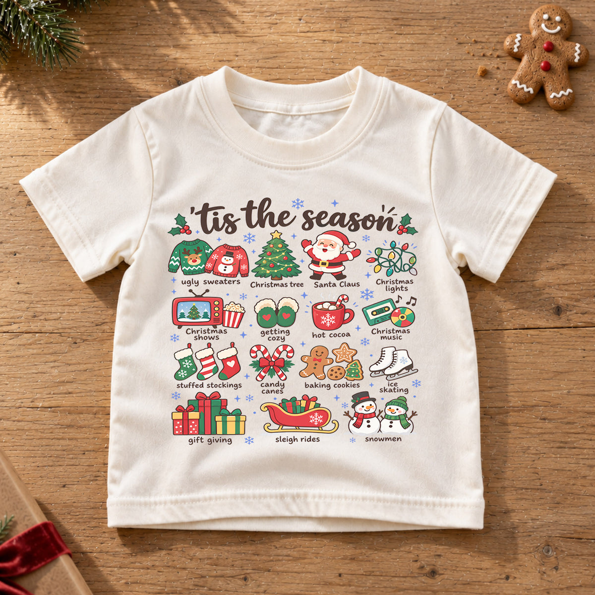 Tis the Season Kids Christmas Shirt, Holiday Favorites Christmas Tee, Santa Snowman Hot Cocoa Shirt for Kids, Cozy Festive Christmas Outfit — product view 6