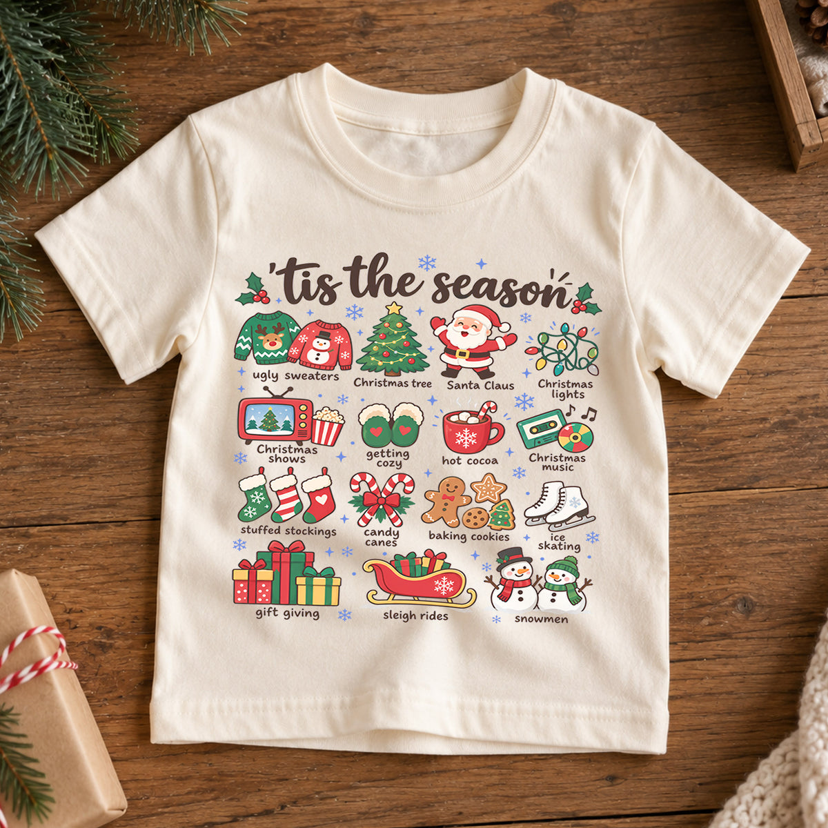 Tis the Season Kids Christmas Shirt, Holiday Favorites Christmas Tee, Santa Snowman Hot Cocoa Shirt for Kids, Cozy Festive Christmas Outfit — product view 7