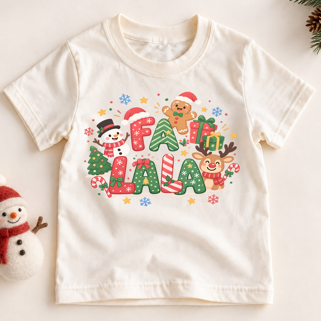 Fa La La Kids Christmas Shirt, Cute Reindeer Snowman Gingerbread Tee, Colorful Holiday Shirt for Kids, Fun Festive Christmas Gift — product view 2