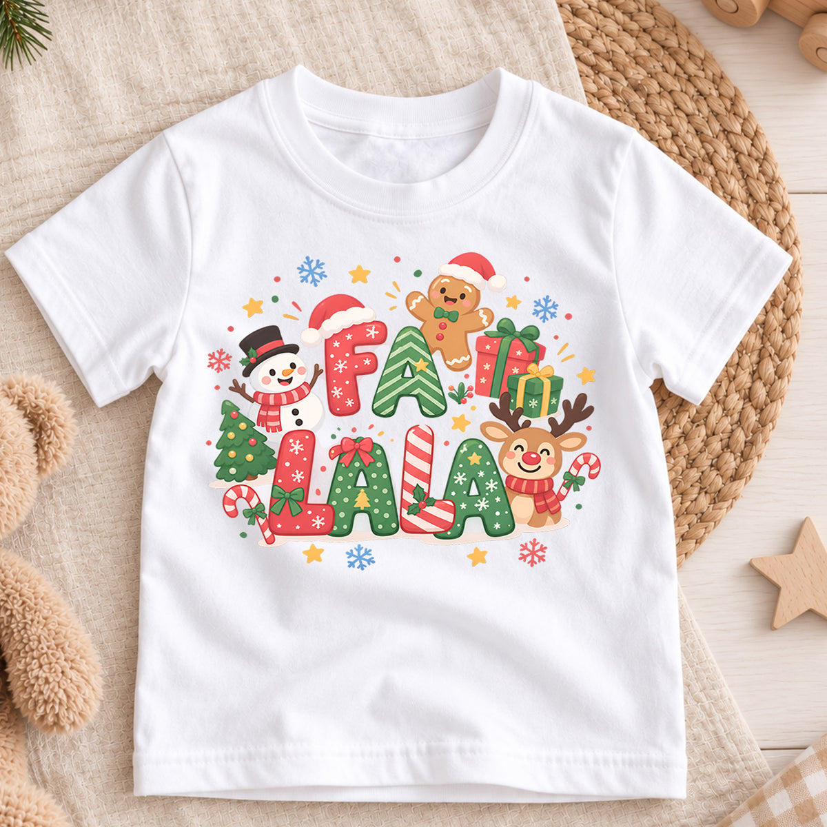 Fa La La Kids Christmas Shirt, Cute Reindeer Snowman Gingerbread Tee, Colorful Holiday Shirt for Kids, Fun Festive Christmas Gift — product view 3